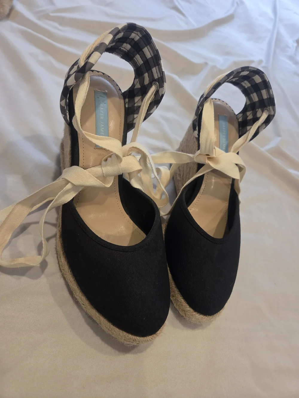 Draper James Black Canvas Espadrille Wedge with Cream Ankle Wrap